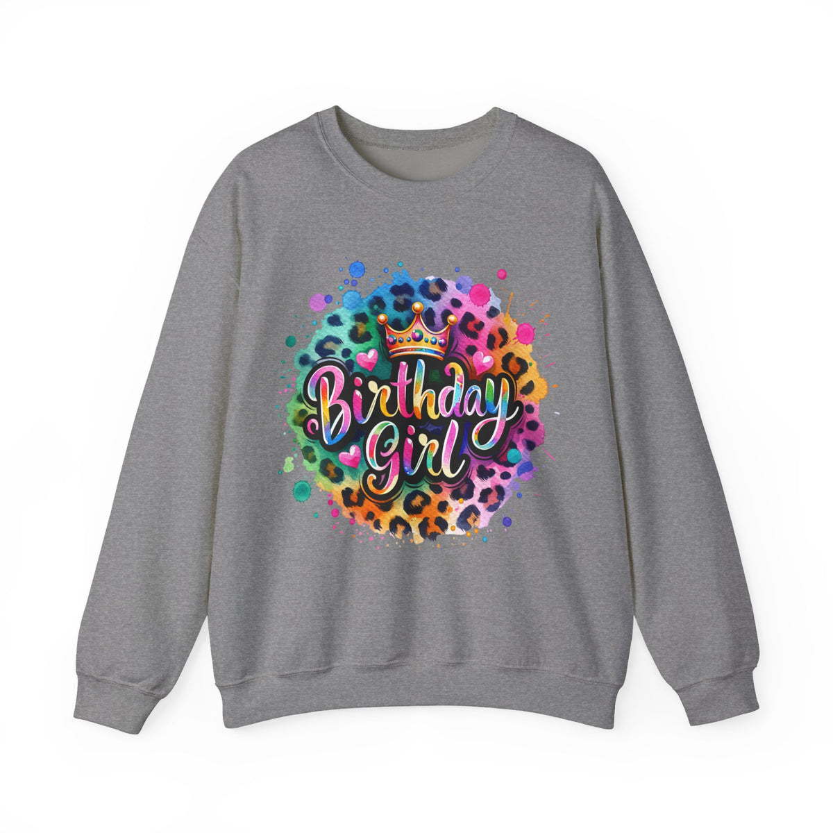 Birthday Girl, Neon Leopard – Gildan Heavy Blend | Trendy Women’s Soft Sweatshirt. Direct to Garment. Printed & Shipped in the USA. Unisex Sizes.