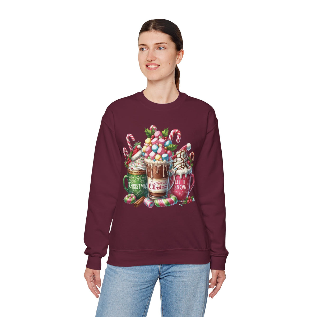 Hot Chocolate Mugs Christmas Hot Cocoa – Gildan Heavy Blend | Trendy Women’s Soft Sweatshirt. Direct to Garment. Printed & Shipped in the USA. Unisex Sizes.
