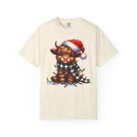 Cute Highland Cow Santa Hat Scarf Christmas Lights - Comfort Colors | Trendy Unisex T-Shirt. Direct to Garment. Printed & Shipped in the USA. Unisex Sizes.
