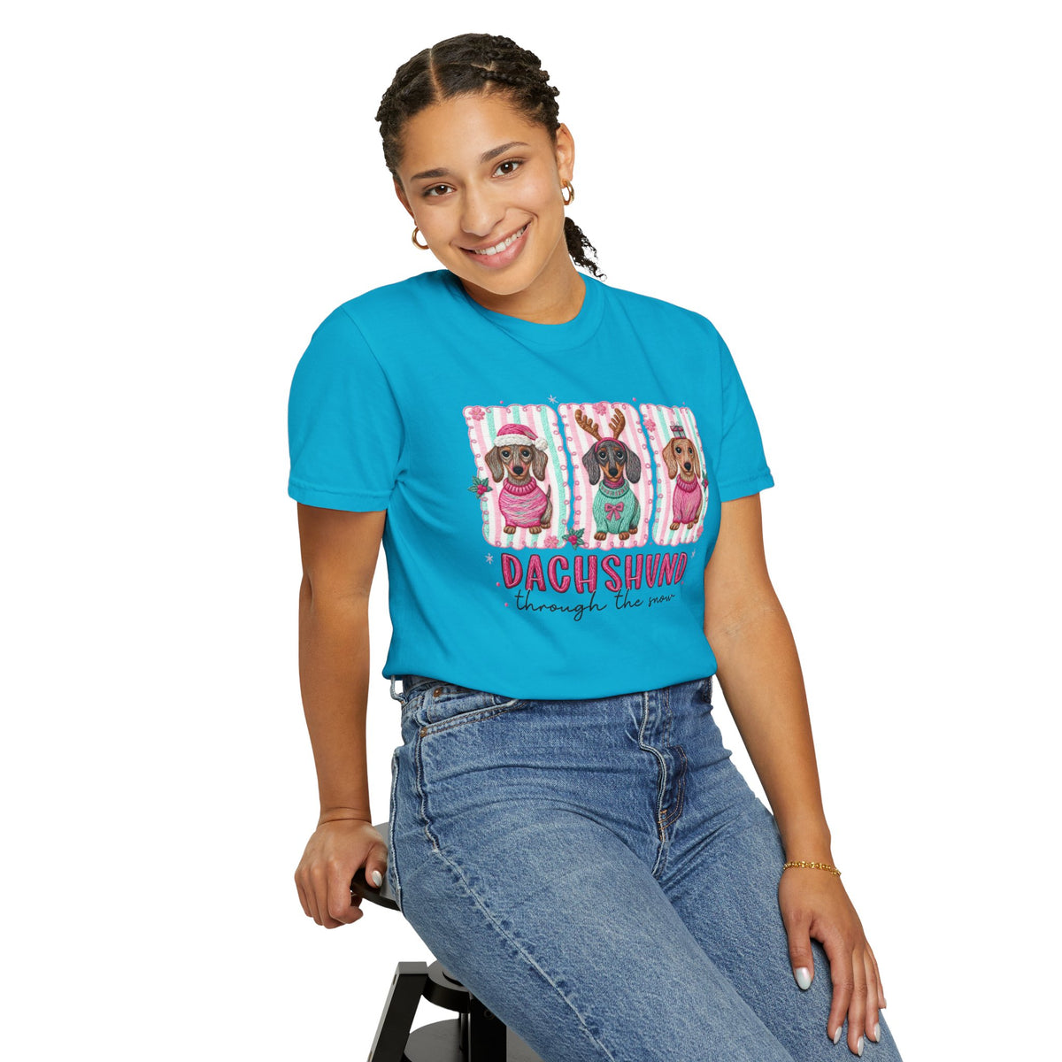 Dachshund Through the Snow - Comfort Colors | Trendy Women's T-Shirt. Direct to Garment. Printed & Shipped in the USA. Unisex Sizes.