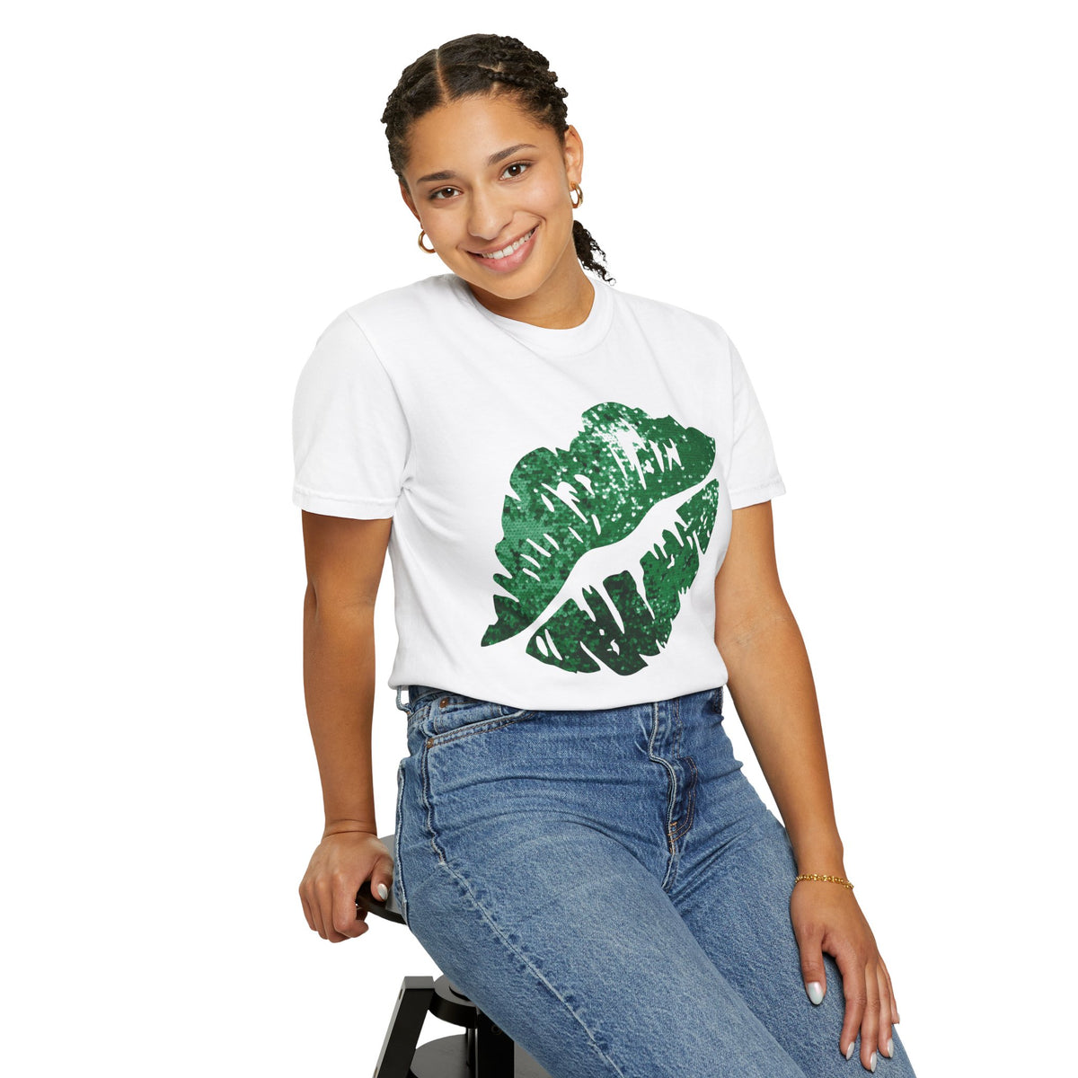 Green Faux Glitter Kiss - Comfort Colors | Trendy Women's T-Shirt. Direct to Garment. Printed & Shipped in the USA. Unisex Sizes.