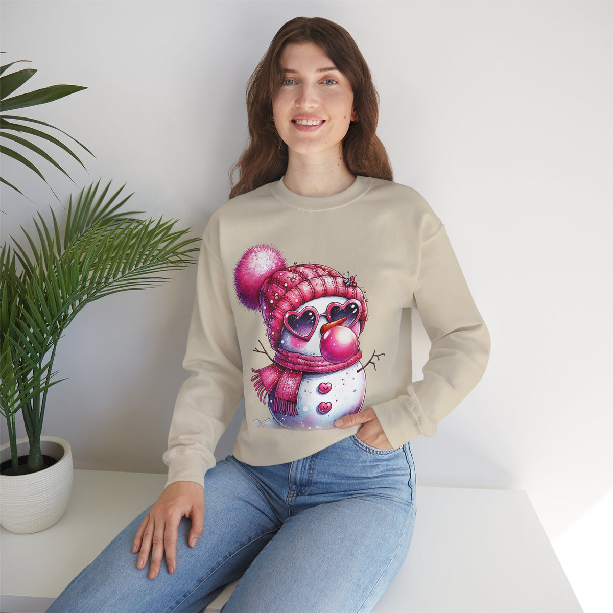 Pink Girly Snowman with Heart Sunglasses and Bubblegum - Winter – Gildan Heavy Blend | Trendy Women’s Soft Sweatshirt. Direct to Garment. Printed & Shipped in the USA. Unisex Sizes.