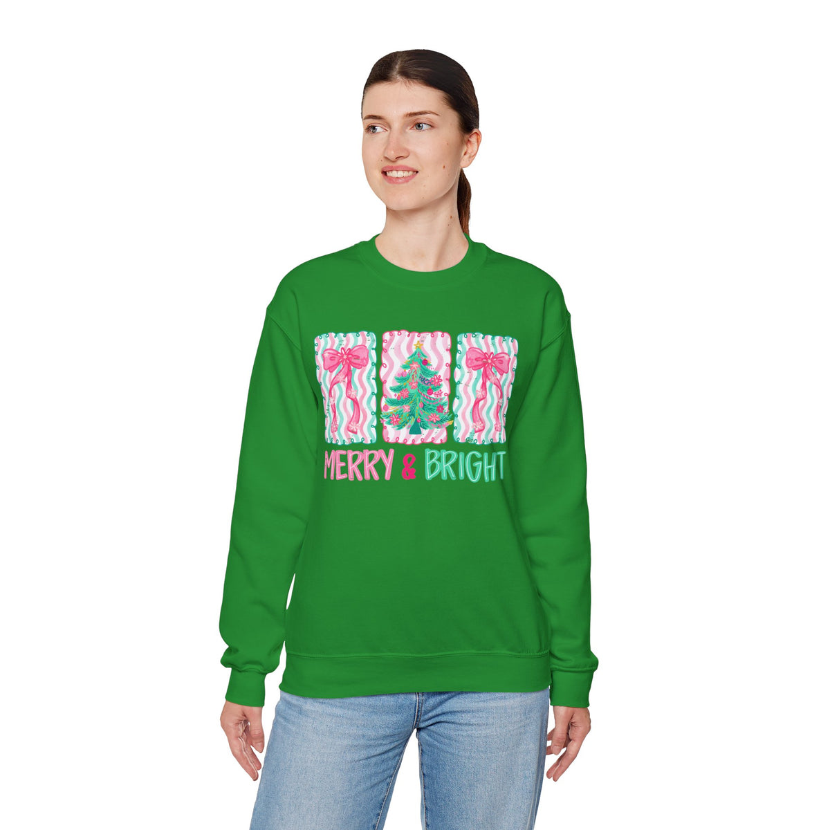 Merry & Bright Christmas - Pink & Green Holiday Tree Design – Gildan Heavy Blend | Trendy Women’s Soft Sweatshirt. Direct to Garment. Printed & Shipped in the USA. Unisex Sizes.
