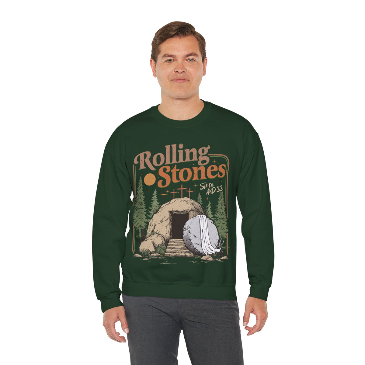 Rolling Stones "Since AD33" Easter Empty Tomb Christian – Gildan Heavy Blend | Trendy Men's and Women’s Soft Sweatshirt. Direct to Garment. Printed & Shipped in the USA. Unisex Sizes.