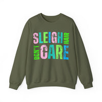 Sleigh Hair Don’t Care, Funny Christmas Graphic Tee – Gildan Heavy Blend | Trendy Women’s Soft Sweatshirt. Direct to Garment. Printed & Shipped in the USA. Unisex Sizes.