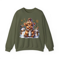 Cute Highland Cow with Snowmen, Winter – Gildan Heavy Blend | Trendy Women’s Soft Sweatshirt. Direct to Garment. Printed & Shipped in the USA. Unisex Sizes.