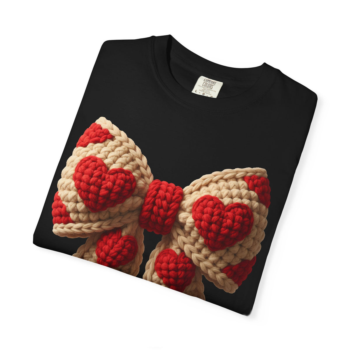 Faux Crochet Valentine Bow - Comfort Colors | Trendy Women's T-Shirt. Direct to Garment. Printed & Shipped in the USA. Unisex Sizes.