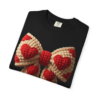 Faux Crochet Valentine Bow - Comfort Colors | Trendy Women's T-Shirt. Direct to Garment. Printed & Shipped in the USA. Unisex Sizes.