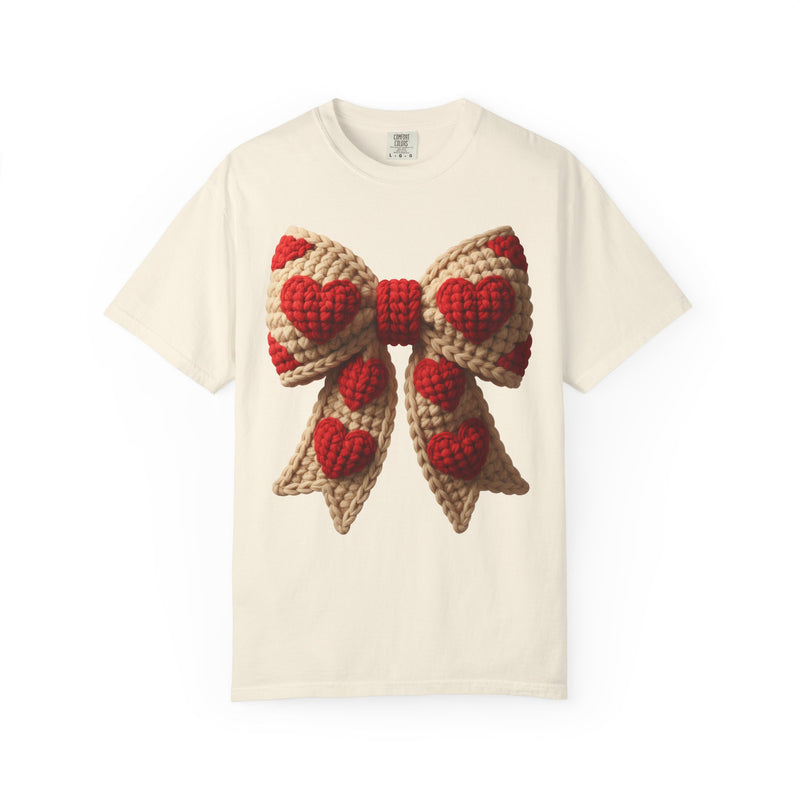 Faux Crochet Valentine Bow - Comfort Colors | Trendy Women's T-Shirt. Direct to Garment. Printed & Shipped in the USA. Unisex Sizes.