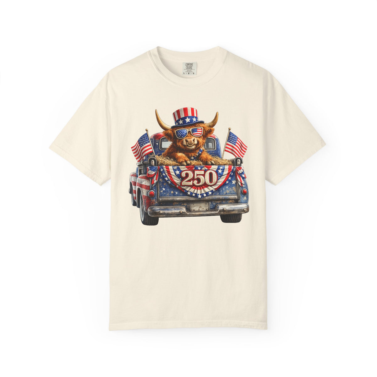 Patriotic Highland, America's 250th Birthday - Comfort Colors | Trendy Women's and Men's T-Shirt. Direct to Garment. Printed & Shipped in the USA. Unisex Sizes.