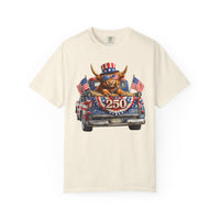 Patriotic Highland, America's 250th Birthday - Comfort Colors | Trendy Women's and Men's T-Shirt. Direct to Garment. Printed & Shipped in the USA. Unisex Sizes.