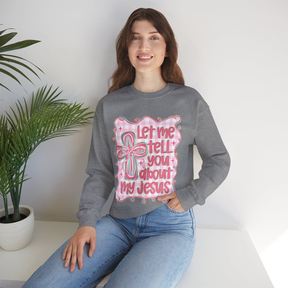 Let Me Tell You About My Jesus, Pink and Green – Gildan Heavy Blend | Trendy Women’s Soft Sweatshirt. Direct to Garment. Printed & Shipped in the USA. Unisex Sizes.