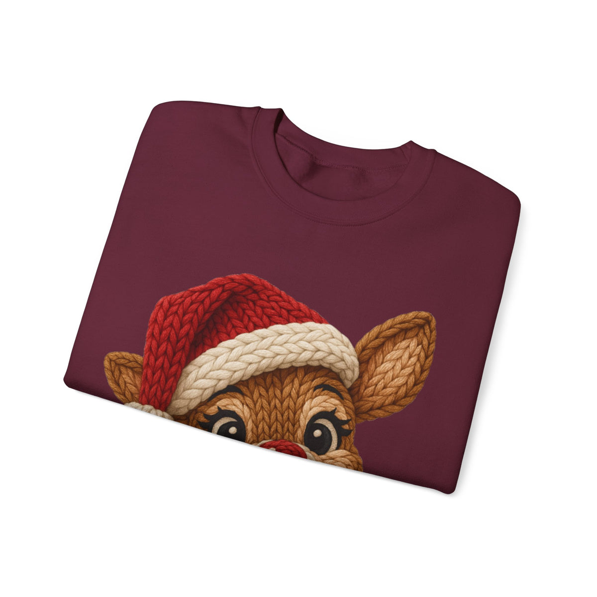 Cute Rudolph Faux Knit Look Reindeer w/Santa Hat – Gildan Heavy Blend | Trendy Women’s Soft Sweatshirt. Direct to Garment. Printed & Shipped in the USA. Unisex Sizes.