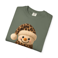 Cute Leopard Faux Knit Snowman Winter - Comfort Colors | Trendy Women's T-Shirt. Direct to Garment. Printed & Shipped in the USA. Unisex Sizes.