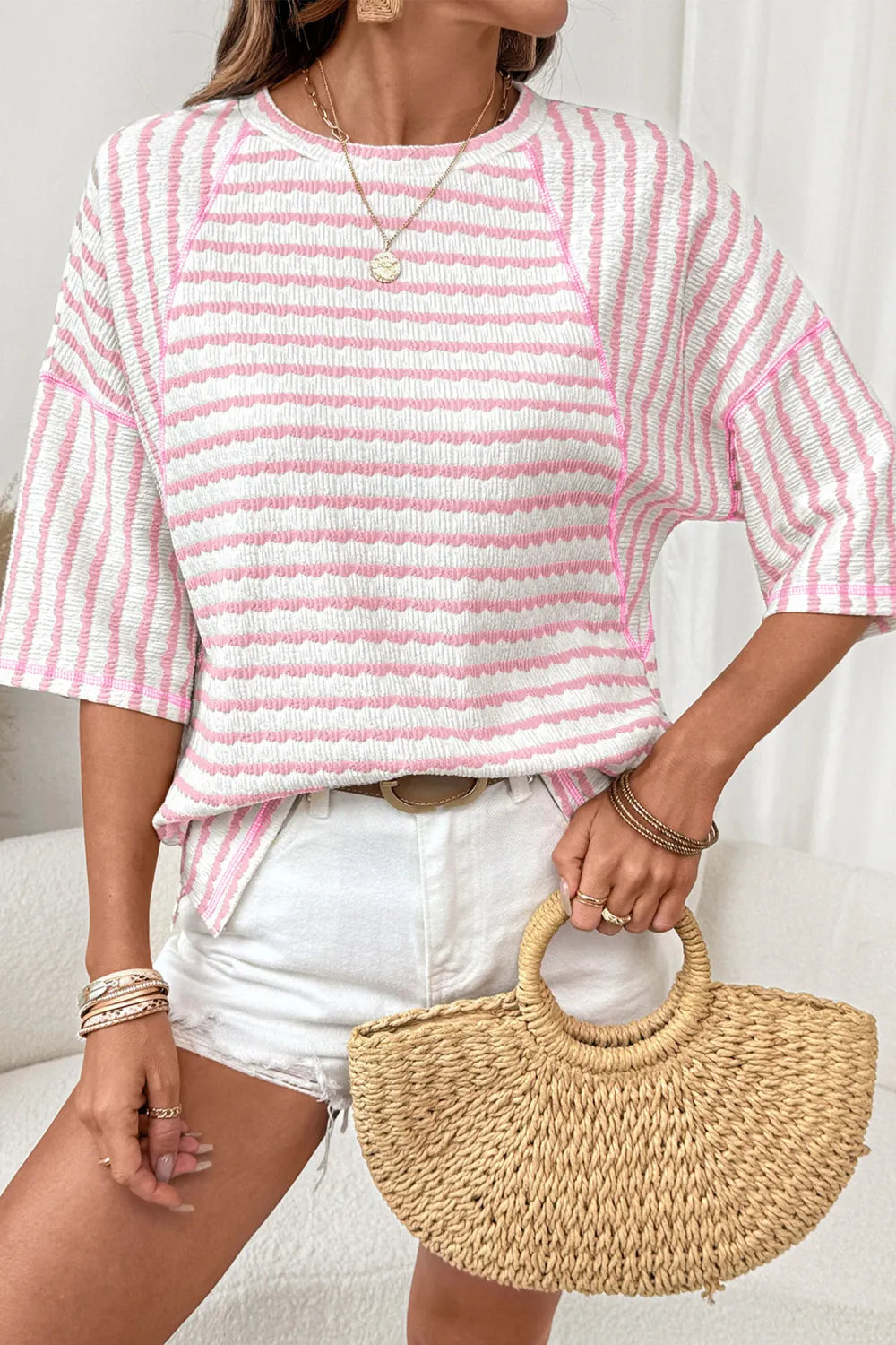 Pink Striped Half Sleeve, Classy Fit Knit Top