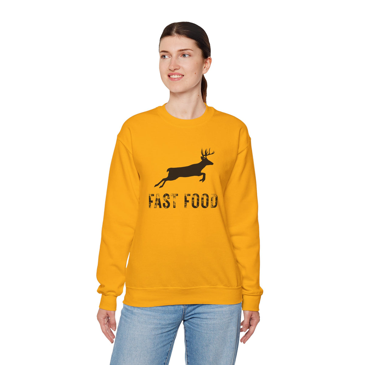 Fast Food Deer Hunting Humor Distressed – Gildan Heavy Blend | Trendy Men's and Women’s Soft Sweatshirt. Direct to Garment. Printed & Shipped in the USA. Unisex Sizes.