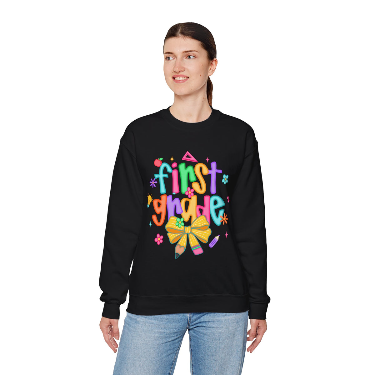 Coquette First Grade Pencil Bow – Gildan Heavy Blend | Trendy Women’s Soft Sweatshirt. Direct to Garment. Printed & Shipped in the USA. Unisex Sizes.