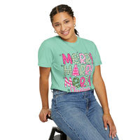 Merry Merry Merry Christmas, Festive Candy Cane & Pink and Green Plaid - Comfort Colors | Trendy Women's T-Shirt. Direct to Garment. Printed & Shipped in the USA. Unisex Sizes.