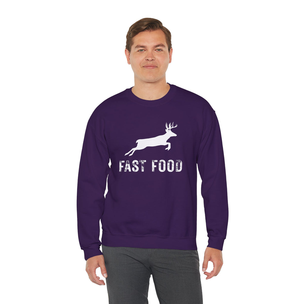 Fast Food Deer Hunting Humor Distressed – Gildan Heavy Blend | Trendy Men's and Women’s Soft Sweatshirt. Direct to Garment. Printed & Shipped in the USA. Unisex Sizes.