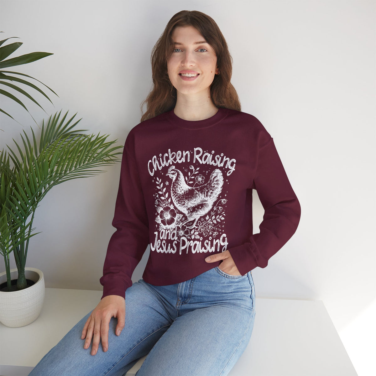 Chicken Raising and Jesus Praising – Gildan Heavy Blend | Trendy Men's and Women’s Soft Sweatshirt. Direct to Garment. Printed & Shipped in the USA. Unisex Sizes.