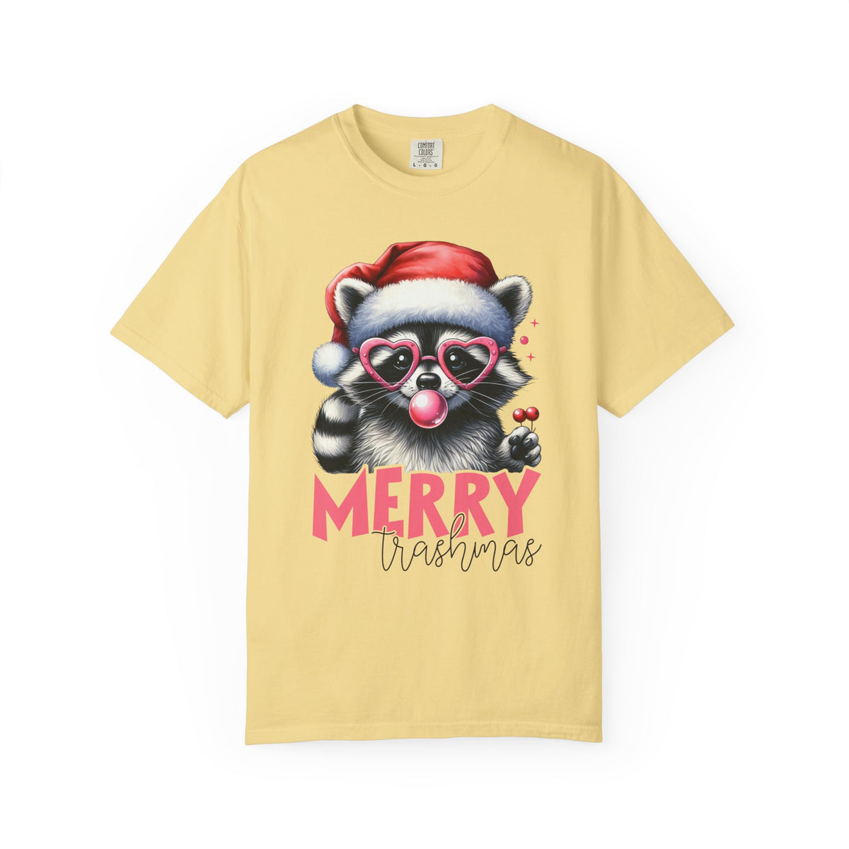 Merry Trashmas Bubblegum Raccoon w/Santa Hat Christmas - Comfort Colors | Trendy Women's T-Shirt. Direct to Garment. Printed & Shipped in the USA. Unisex Sizes.