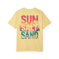 Sun Salt Sand, Beach Sunset - Front & Back Print - Comfort Colors | Trendy Women's and Men's T-Shirt. Direct to Garment. Printed & Shipped in the USA. Unisex Sizes.