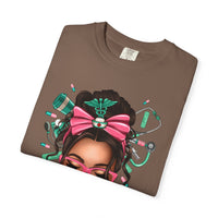 Nurse Life Messy Bun, Cute Stethoscope & Syringe - Comfort Colors | Trendy Women's T-Shirt. Direct to Garment. Printed & Shipped in the USA. Unisex Sizes.