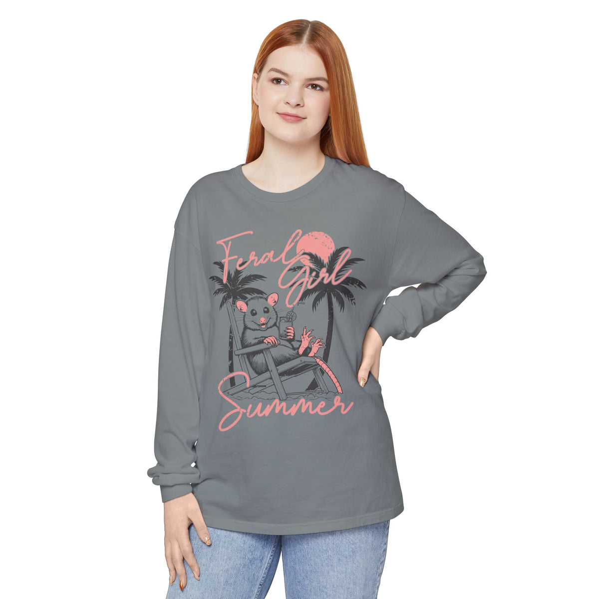 Feral Girl Summer, Possum on a Beach - Comfort Colors | Trendy Women's Long Sleeve T-Shirt. Direct to Garment. Printed & Shipped in the USA. Unisex Sizes.