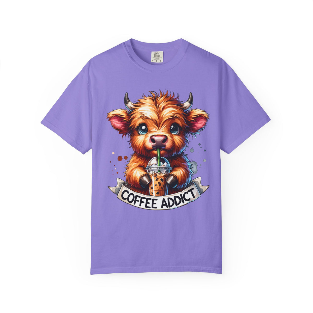 Coffee Addict Highland Cow Drinking Iced Coffee - Comfort Colors | Trendy Women's T-Shirt. Direct to Garment. Printed & Shipped in the USA. Unisex Sizes.