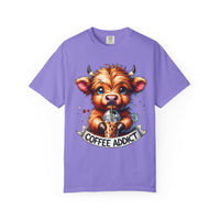 Coffee Addict Highland Cow Drinking Iced Coffee - Comfort Colors | Trendy Women's T-Shirt. Direct to Garment. Printed & Shipped in the USA. Unisex Sizes.