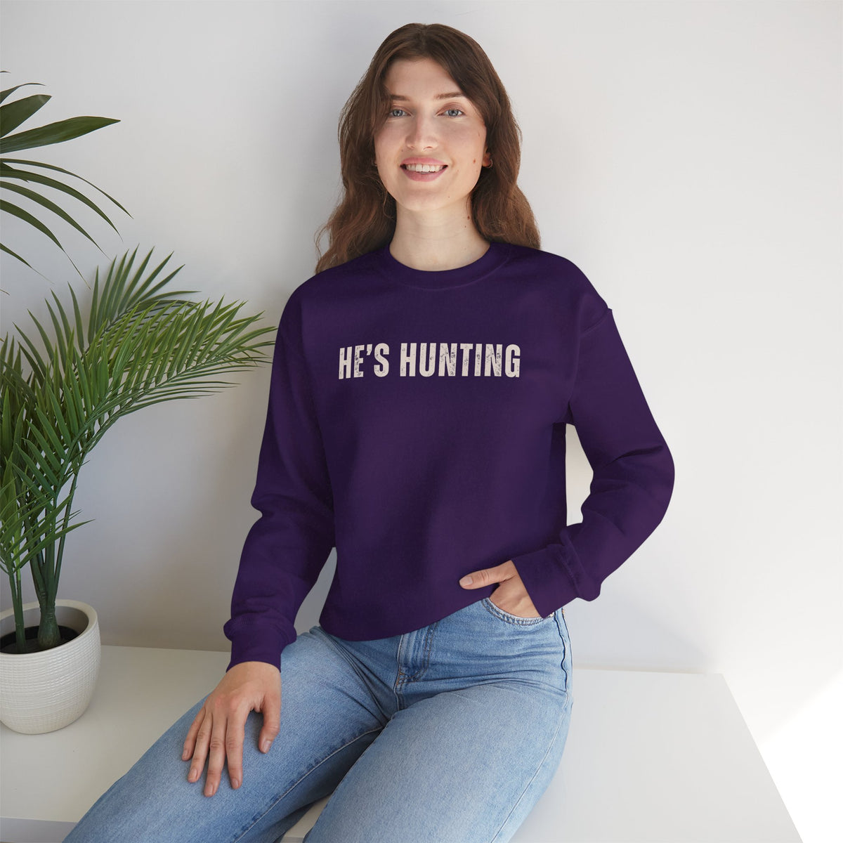He's Hunting - Distressed – Gildan Heavy Blend | Trendy Women’s Soft Sweatshirt. Direct to Garment. Printed & Shipped in the USA. Unisex Sizes.