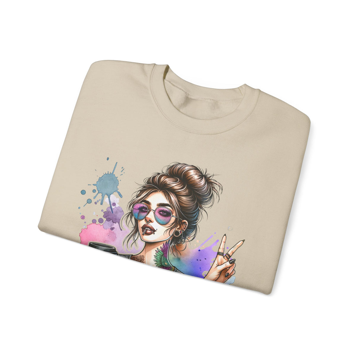 Cool Mombie with Coffee Peace Tattoo - Tired Mom – Gildan Heavy Blend | Trendy Women’s Soft Sweatshirt. Direct to Garment. Printed & Shipped in the USA. Unisex Sizes.