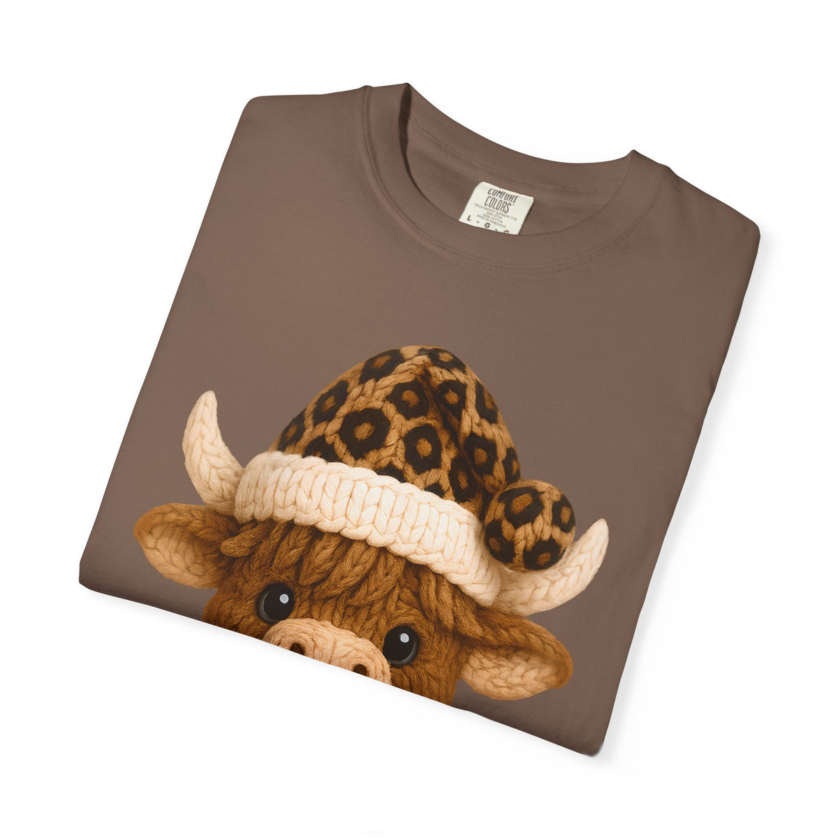 Cute Highland Cow with Leopard Santa Hat Christmas - Comfort Colors | Trendy Women's T-Shirt. Direct to Garment. Printed & Shipped in the USA. Unisex Sizes.