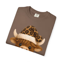 Cute Highland Cow with Leopard Santa Hat Christmas - Comfort Colors | Trendy Women's T-Shirt. Direct to Garment. Printed & Shipped in the USA. Unisex Sizes.
