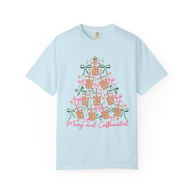 Merry and Caffeinated Iced Coffee Christmas Tree - Comfort Colors | Trendy Women's T-Shirt. Direct to Garment. Printed & Shipped in the USA. Unisex Sizes.
