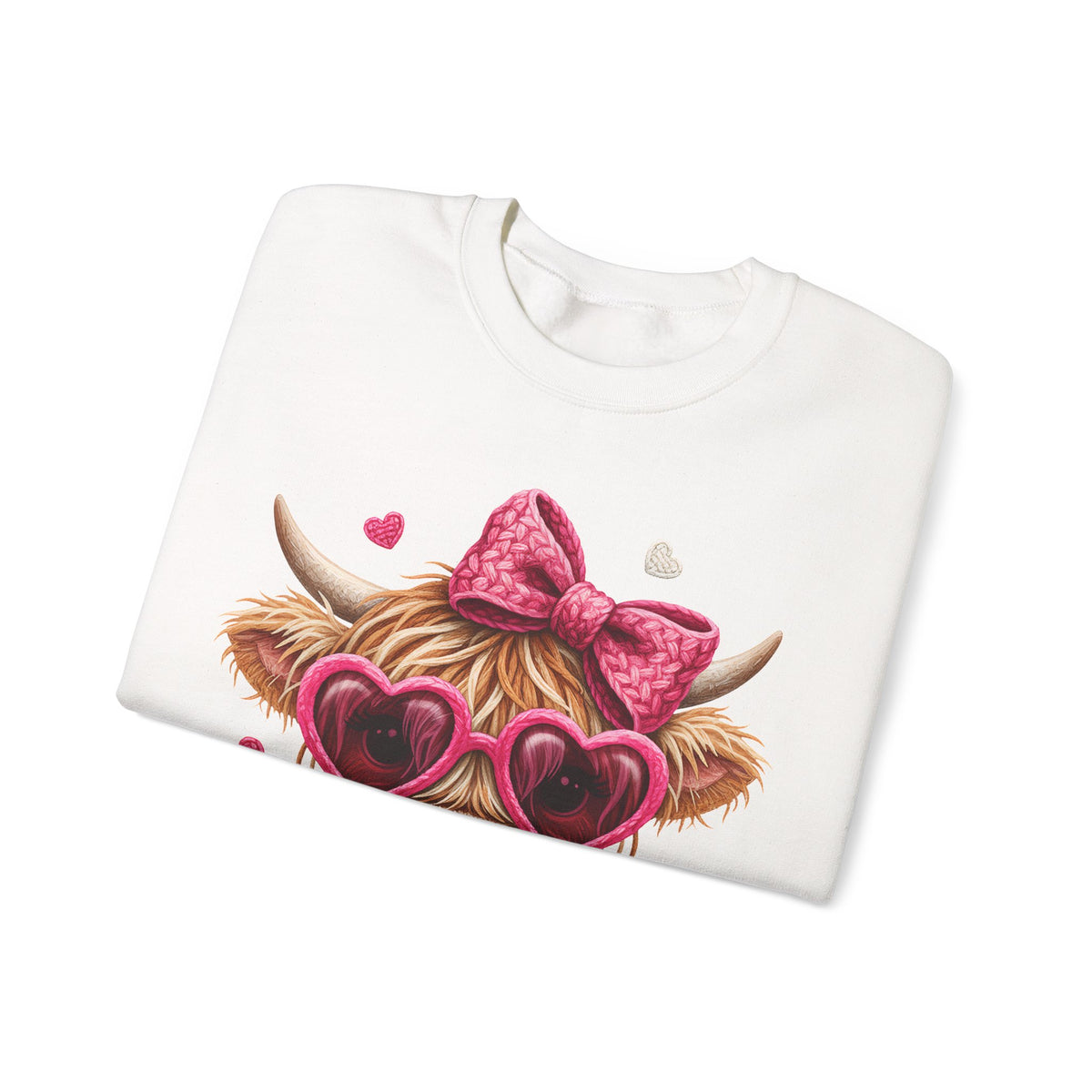 Highland Cow - Pink Heart Shaped Glasses – Gildan Heavy Blend | Trendy Women’s Soft Sweatshirt. Direct to Garment. Printed & Shipped in the USA. Unisex Sizes.