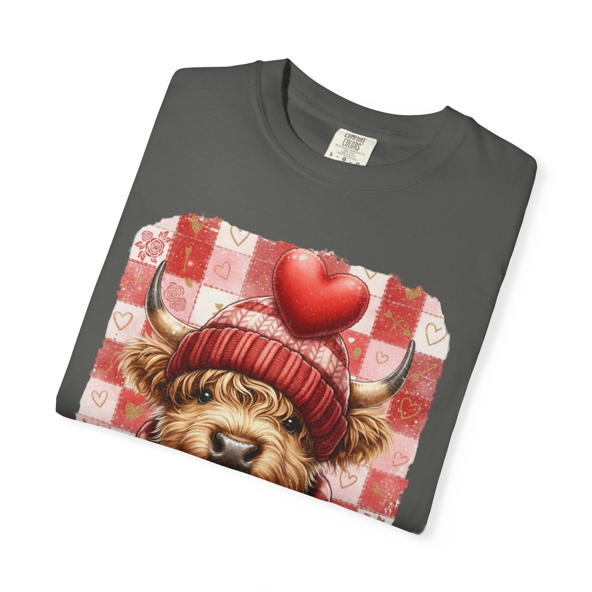 Highland Cow Be Mine, Red Checkered - Comfort Colors | Trendy Women's T-Shirt. Direct to Garment. Printed & Shipped in the USA. Unisex Sizes.