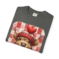 Highland Cow Be Mine, Red Checkered - Comfort Colors | Trendy Women's T-Shirt. Direct to Garment. Printed & Shipped in the USA. Unisex Sizes.