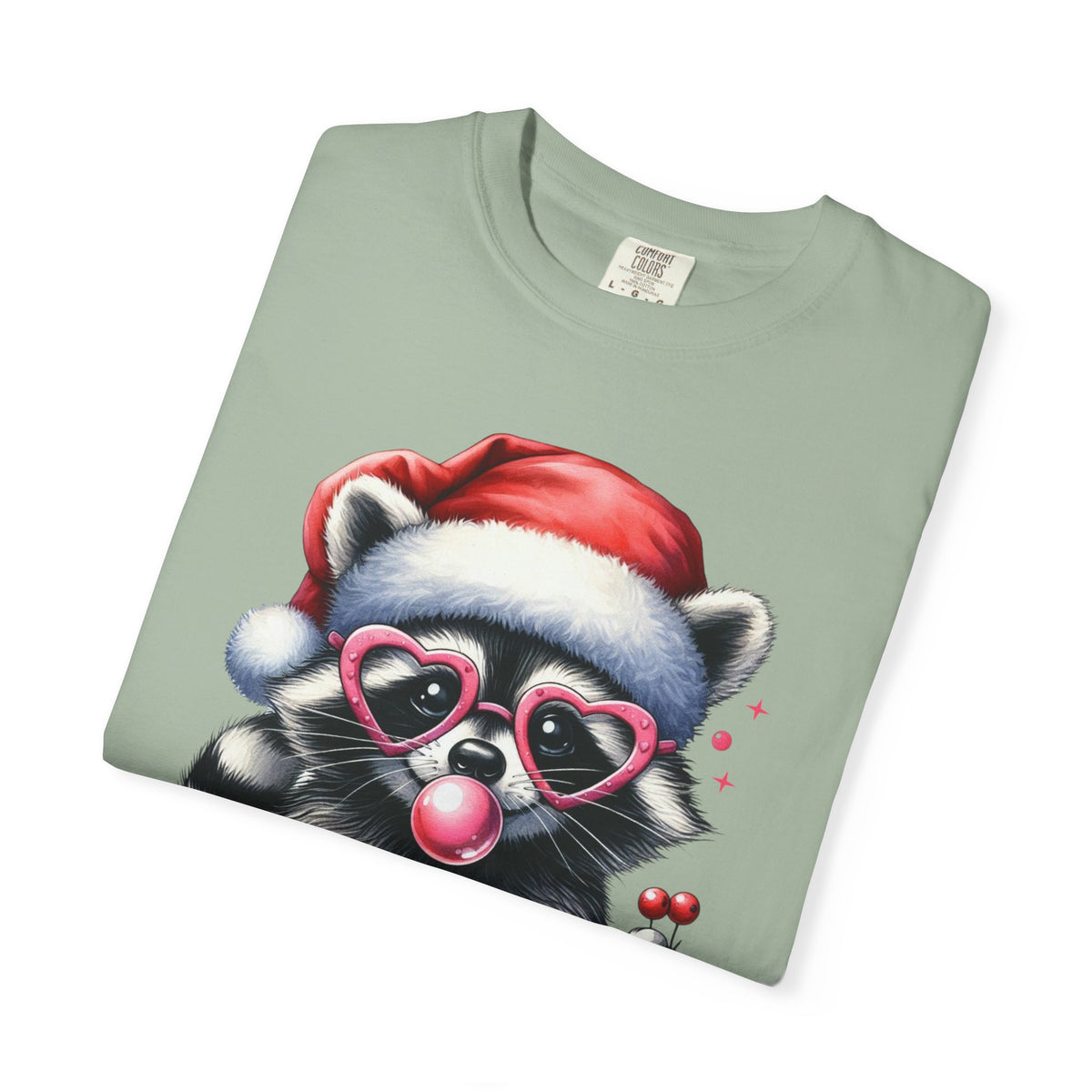 Merry Trashmas Bubblegum Raccoon w/Santa Hat Christmas - Comfort Colors | Trendy Women's T-Shirt. Direct to Garment. Printed & Shipped in the USA. Unisex Sizes.