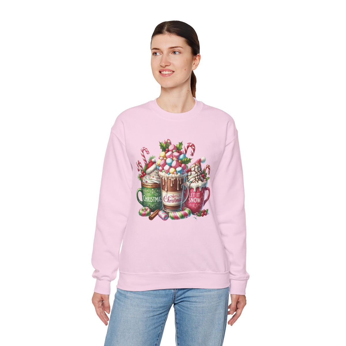 Hot Chocolate Mugs Christmas Hot Cocoa – Gildan Heavy Blend | Trendy Women’s Soft Sweatshirt. Direct to Garment. Printed & Shipped in the USA. Unisex Sizes.