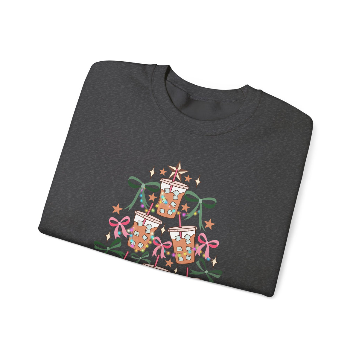 Merry and Caffeinated Iced Coffee Christmas Tree – Gildan Heavy Blend | Trendy Women’s Soft Sweatshirt. Direct to Garment. Printed & Shipped in the USA. Unisex Sizes.