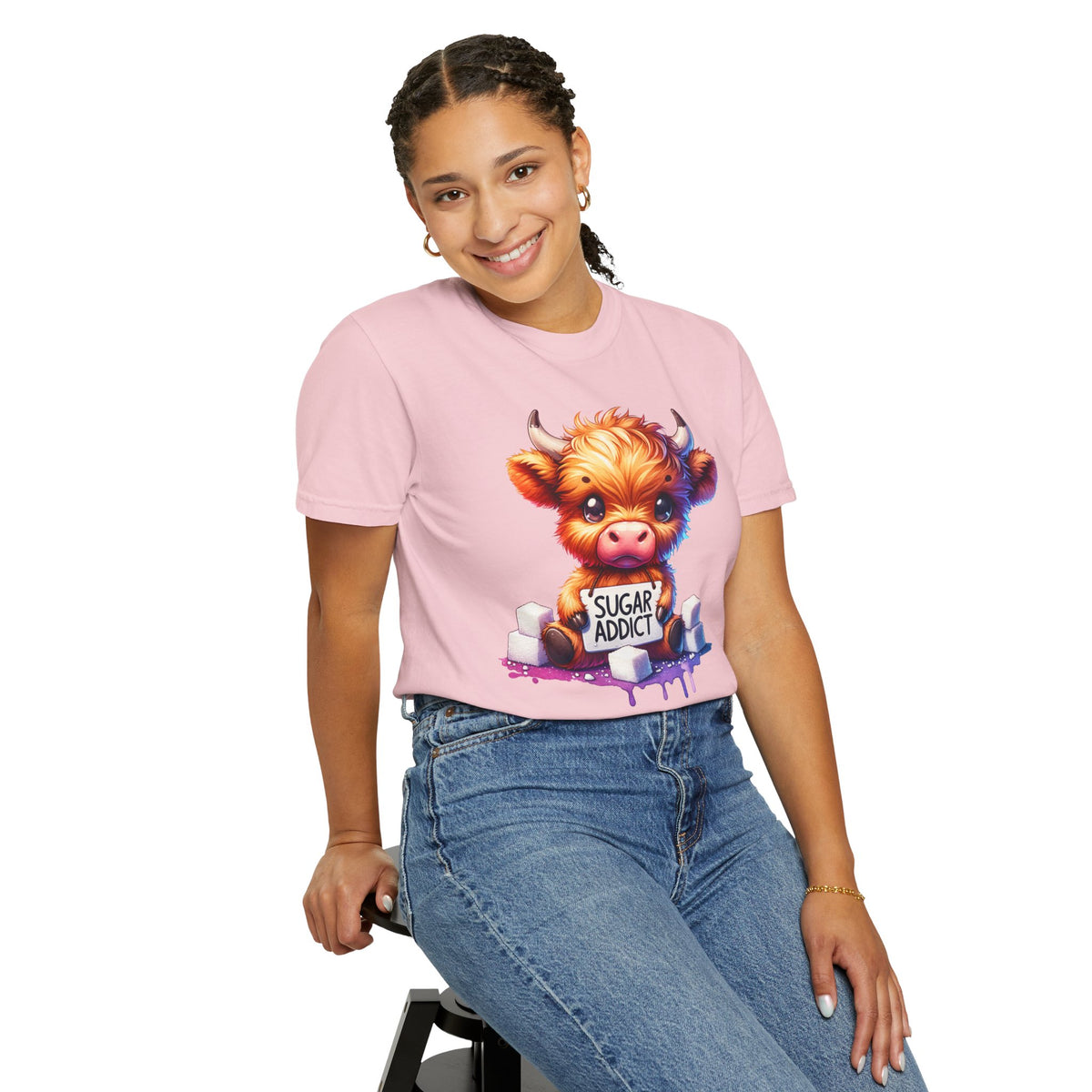 Sugar Addict Highland Cow - Comfort Colors | Trendy Women's T-Shirt. Direct to Garment. Printed & Shipped in the USA. Unisex Sizes.