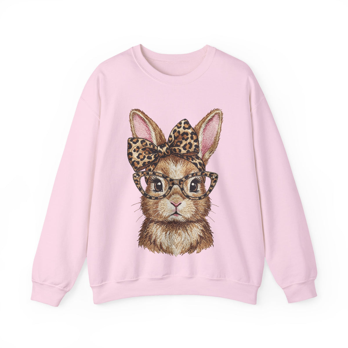 Bunny with Leopard Glasses and Bow – Gildan Heavy Blend | Trendy Women’s Soft Sweatshirt. Direct to Garment. Printed & Shipped in the USA. Unisex Sizes.