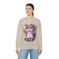 Cute But Feral, Squirrel in Pink Bibs – Gildan Heavy Blend | Trendy Women’s Soft Sweatshirt. Direct to Garment. Printed & Shipped in the USA. Unisex Sizes.