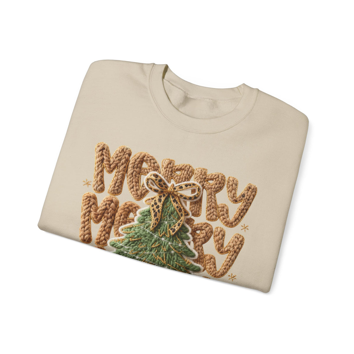 Merry Merry Merry Christmas, Faux Latch Hook Yarn – Gildan Heavy Blend | Trendy Women’s Soft Sweatshirt. Direct to Garment. Printed & Shipped in the USA. Unisex Sizes.