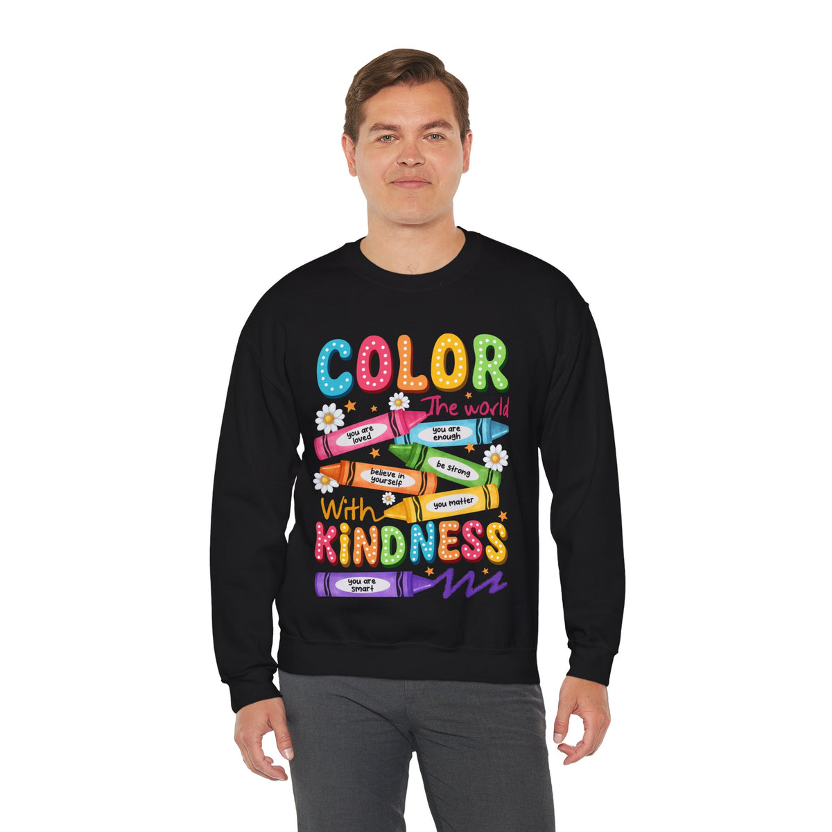 Color the World With Kindness Crayons, Great Teacher Gift – Gildan Heavy Blend | Trendy Women’s and Men's Soft Sweatshirt. Direct to Garment. Printed & Shipped in the USA. Unisex Sizes.