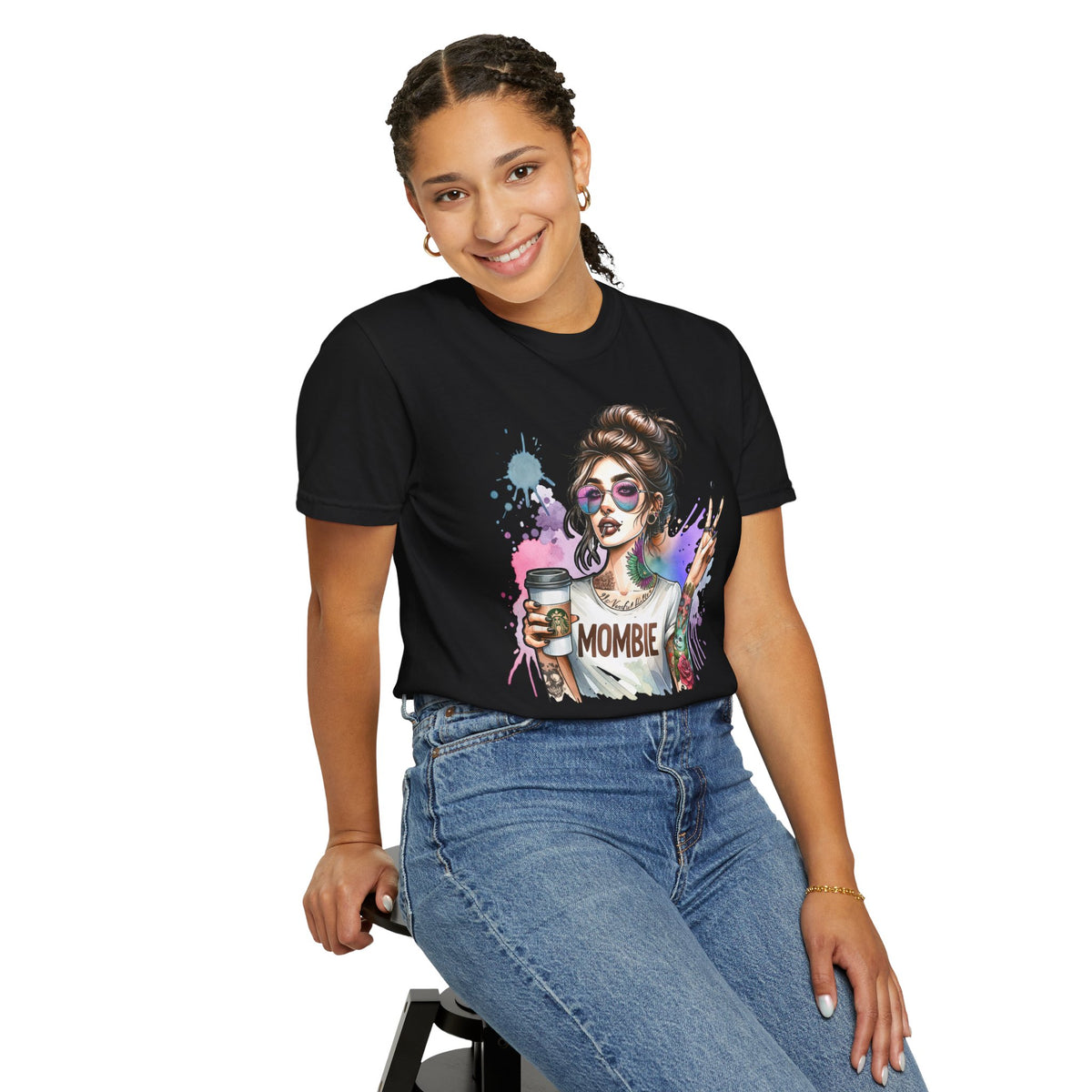 Cool Mombie with Coffee Peace Tattoo - Comfort Colors | Trendy Women's T-Shirt. Direct to Garment. Printed & Shipped in the USA. Unisex Sizes.