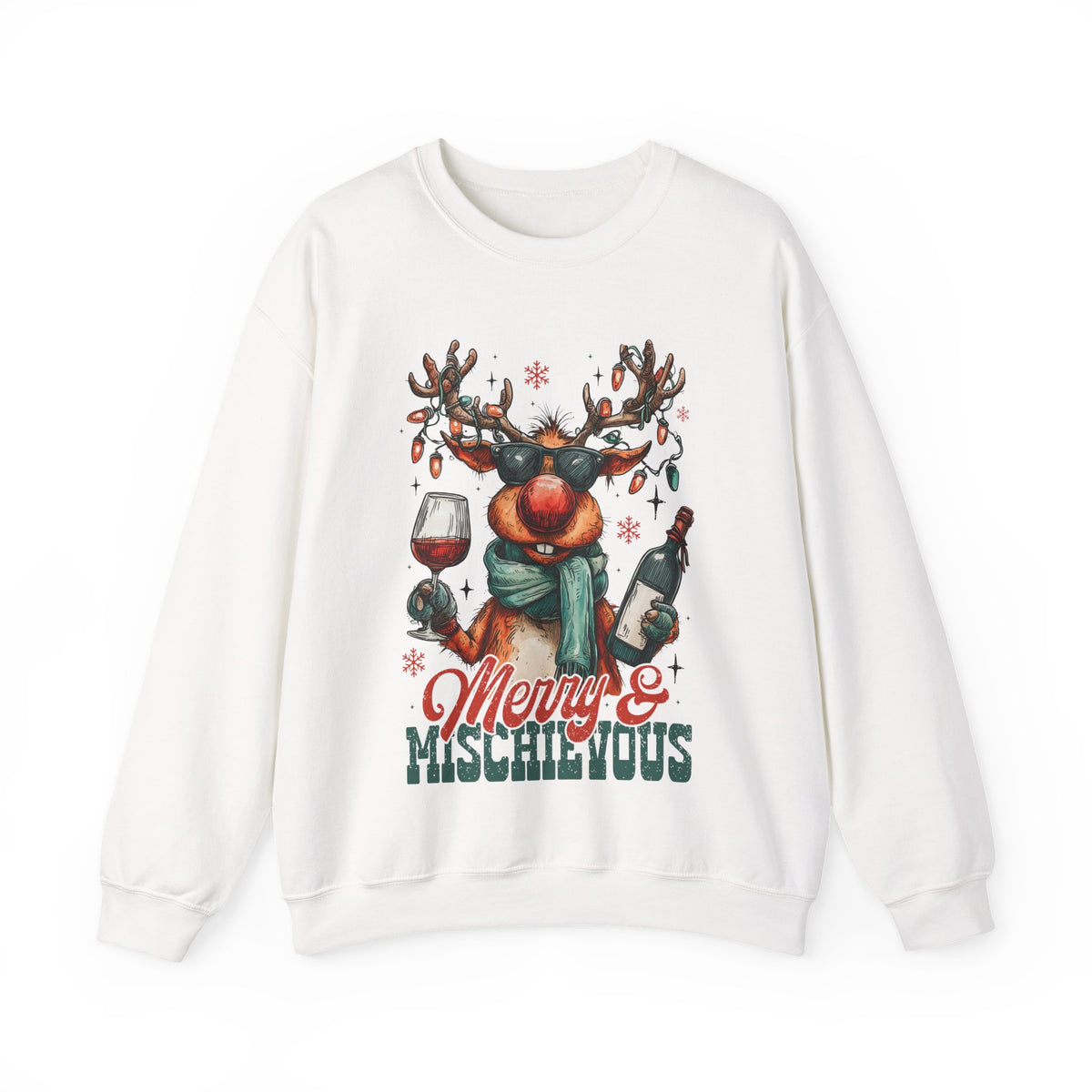 Merry & Mischievous Reindeer – Gildan Heavy Blend | Trendy Women’s and Men's Soft Sweatshirt. Direct to Garment. Printed & Shipped in the USA. Unisex Sizes.