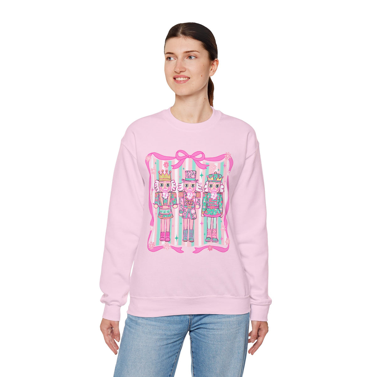 Coquette Pastel Christmas Nutcracker Trio Pink and Green – Gildan Heavy Blend | Trendy Women’s Soft Sweatshirt. Direct to Garment. Printed & Shipped in the USA. Unisex Sizes.