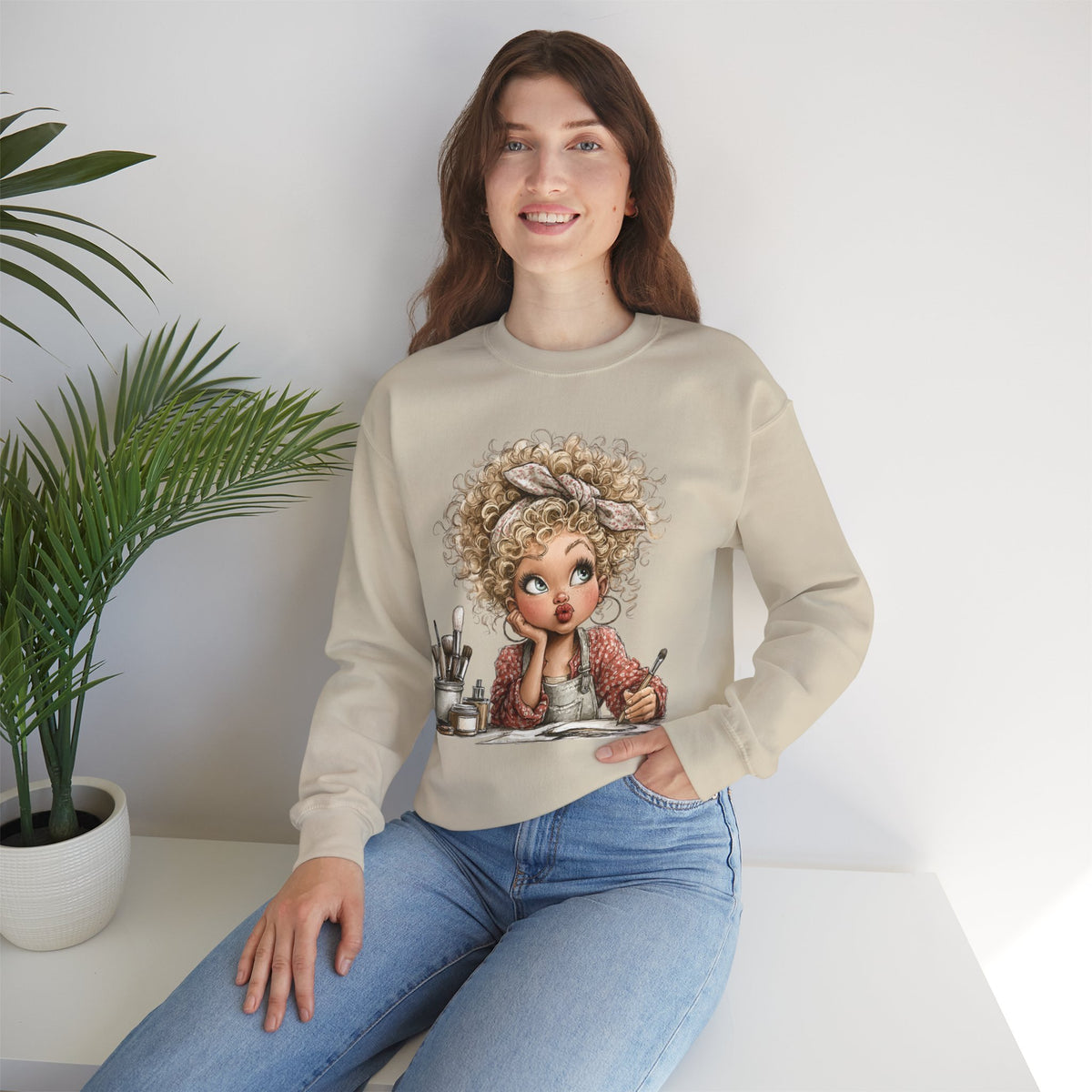 Cute Artist Curly Girl – Gildan Heavy Blend | Trendy Women’s Soft Sweatshirt. Direct to Garment. Printed & Shipped in the USA. Unisex Sizes.
